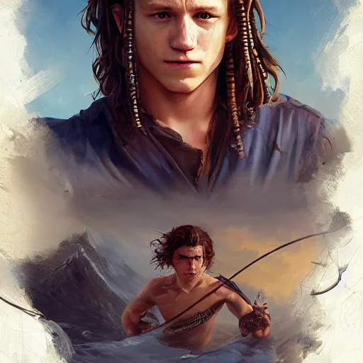 Image similar to tom holland as a pirate, fine face, face focused, fine detailed face, long hair, realistic shaded lighting poster by greg rutkowski, magali villeneuve, artgerm, jeremy lipkin, michael garmash, rob rey, cinematic lighting, sharp focus, highly detailed attributes and atmosphere