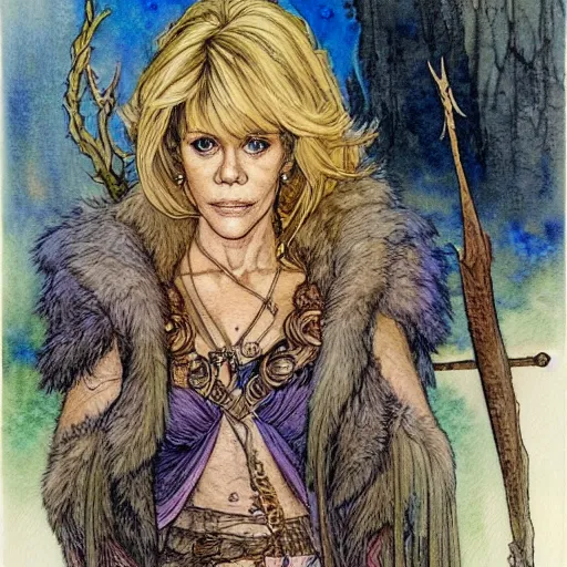 Image similar to a realistic and atmospheric watercolour fantasy character concept art portrait of jane fonda in her 2 0 s as a druidic warrior wizard looking at the camera with an intelligent gaze by rebecca guay, michael kaluta, charles vess and jean moebius giraud