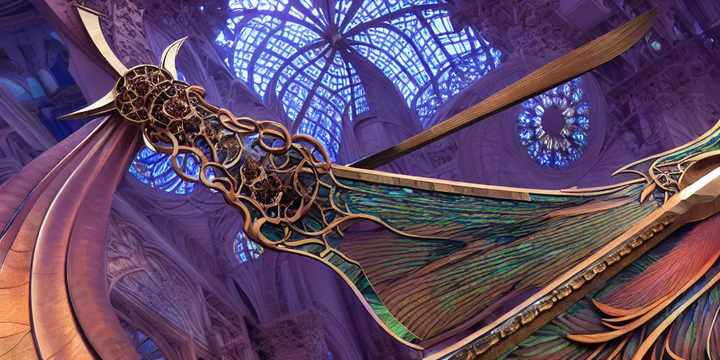 Image similar to beautiful physical hyper detailed render of a huge mega divine sword, symmetric, the style of louis comfort tiffany, pascal blanche, zigor samaniego, paul pepera, ellen jewett, weapon design, perfect shadow, mechanics, feather, wing, exquisite, gradient, structure, c 4 d, 3 d render, unreal engines, atmospheric lighting, 4 k hd