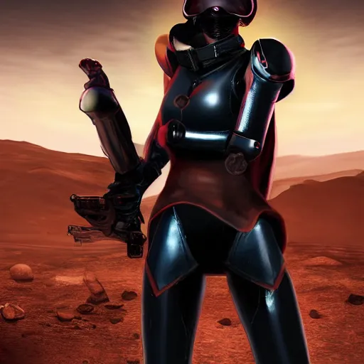 Image similar to a young female soldier with soot stained face, no makeup, in glossy sleek white bloodstained armor inspired by samus aran, long torn red cape, heroic posture, determined expression, no helmet, on the surface of mars, dramatic lighting, cinematic, sci-fi, hyperrealistic, detailed