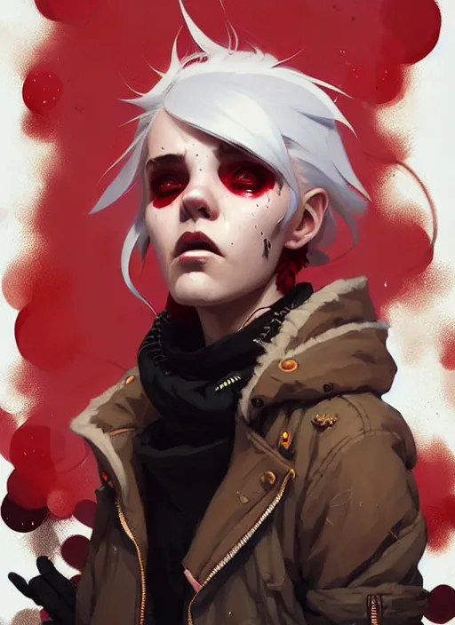 Image similar to highly detailed portrait of a sewer punk canadian lady, tartan hoody, white hair by atey ghailan, by greg rutkowski, by greg tocchini, by james gilleard, by joe fenton, by kaethe butcher, gradient red, brown, blonde cream and white color scheme, grunge aesthetic!!! ( ( graffiti tag wall background ) )