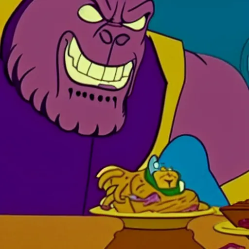 Prompt: film still of thanos eating in scooby - doo ( 1 9 6 9 )