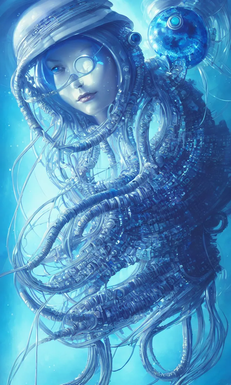 Image similar to hyper detailed painting of a cyberpunk jellyfish, blue tones, underwater, 8 mm, highly detailed, digital painting, artstation, concept art, smooth, sharp focus, illustration, art by artgerm and greg rutkowski and alphonse mucha