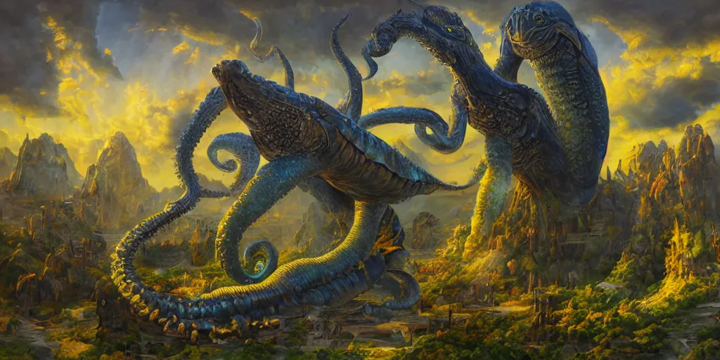 Image similar to fantasy oil painting, great leviathan, cybernetic turtle cephalopod terrapin reptilian pachyderm squid, bella hadid, hybrid, milla jovovich, anubis epic islamic city, natural light, lush plants flowers, spectacular mountains, bright clouds, luminous sky, outer worlds, golden hour, michael cheval, edward hopper, michael whelan, hd