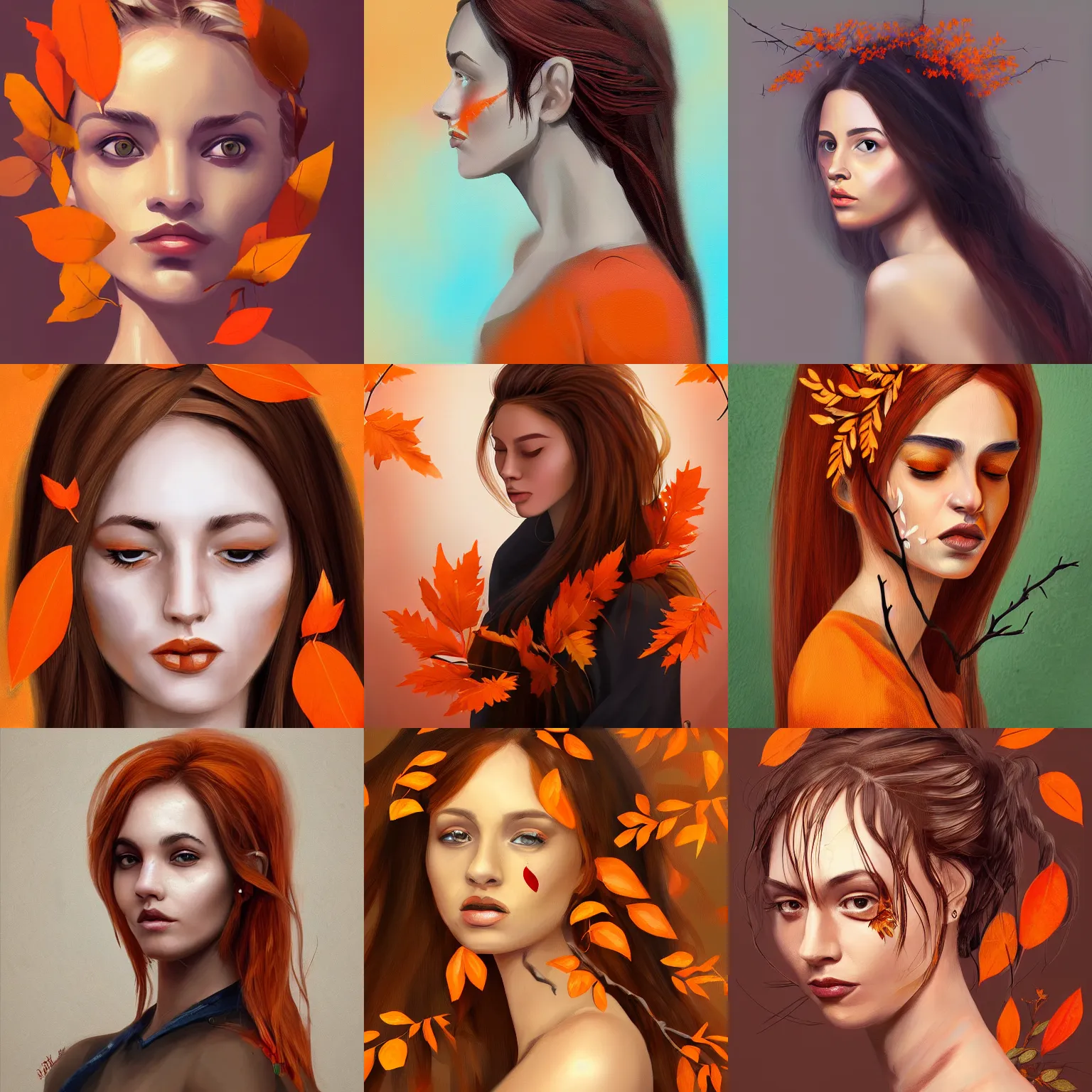 Prompt: A beautiful digital painting of a woman with twigs, orange and brown leaves for hair, trending on artstation