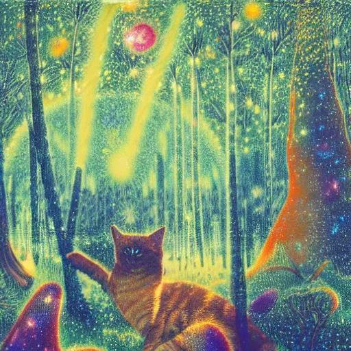 Image similar to psychedelic lush pine forest, outer space, milky way, amber eyes cat eyes designed by arnold bocklin, jules bastien - lepage, tarsila do amaral, wayne barlowe and gustave baumann, cheval michael, trending on artstation, star, sharp focus, colorful refracted sparkles and lines, soft light, 8 k 4 k