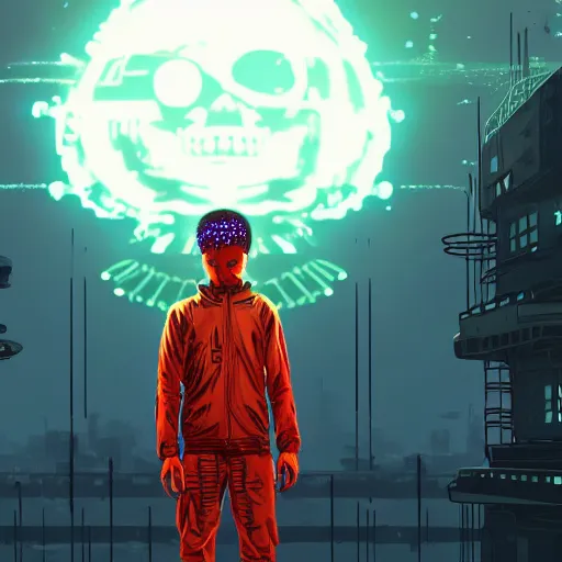 Image similar to in the style of ghostshrimp and deathburger and laurie greasley a young mixed race male explorer wearing a cyberpunk headpiece who is meditating in front of a giant wise decaying robot head, highly detailed, 8k wallpaper