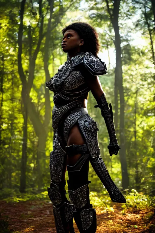Image similar to hyperrealistic long shot mithra gorgeous black woman intricate exoskeleton bone armor in a forest sun behind her concept art eric zener elson peter cinematic light low angle hd 8k sharp rack focus