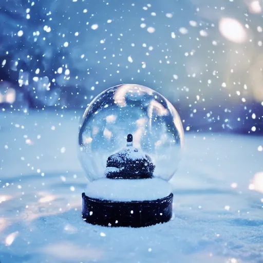 Image similar to a space rocket inside a snow globe, 3 5 mm, disposable film, lens blur, 8 k, realistic, dramatic backlighting