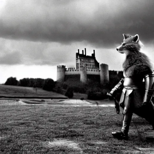 Image similar to anthropomorphic fox!! who is a medieval knight holding a swo - rd towards a stormy thunderclo - ud [ 1 9 3 0 s film still ], ( castle in the background )