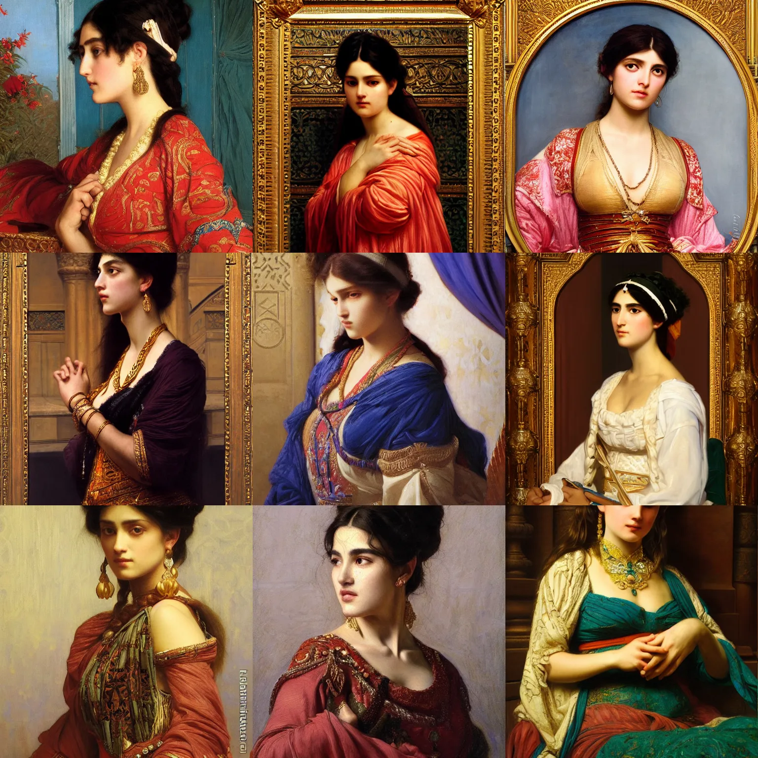 Prompt: orientalism portrait the princess by Alexandre Cabanel and Theodore Ralli and Nasreddine Dinet and Adam Styka, masterful intricate artwork. Oil on canvas, excellent lighting, high detail 8k