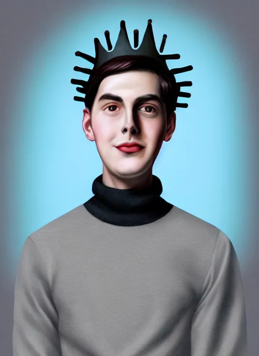 Image similar to portrait of teenage jughead jones wearing a light grey crown, crown, blue turtleneck, 1 9 5 0 s, closed eyes, photorealistic, black hair, glowing lighting, intricate, elegant, glowing lights, highly detailed, digital painting, artstation, concept art, smooth, sharp focus, illustration, art by wlop, mars ravelo and greg rutkowski