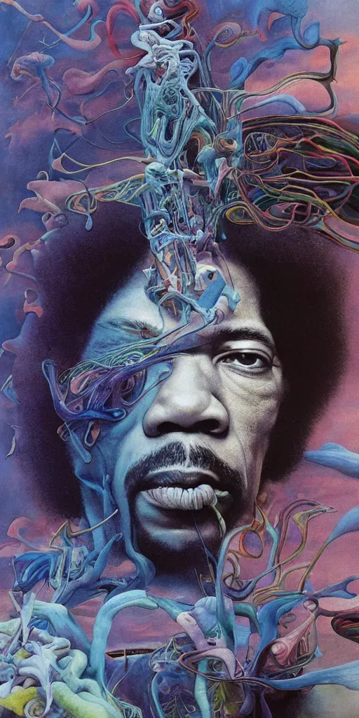 Image similar to ultrawide angle colour masterpiece surreal closeup portrait photography of jimi hendrix playing on stage by miho hirano and annie leibovitz and michael cheval, weird surreal epic psychedelic complex biomorphic 3 d fractal landscape in background by kilian eng and roger dean and salvador dali and beksinski, 8 k