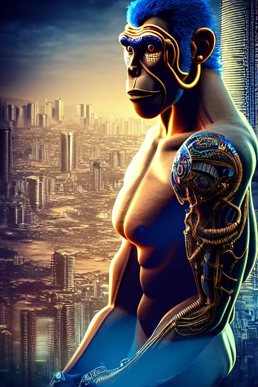 Image similar to high quality 3 d render ultra realistic mischievous cyborg muscular man monkey blue hybrid sitting, gold madhubani, highly detailed, cyberpunk!! mumbai in the background, unreal engine cinematic smooth, szukalski & blade runner, moody light, low angle, uhd 8 k, sharp focus