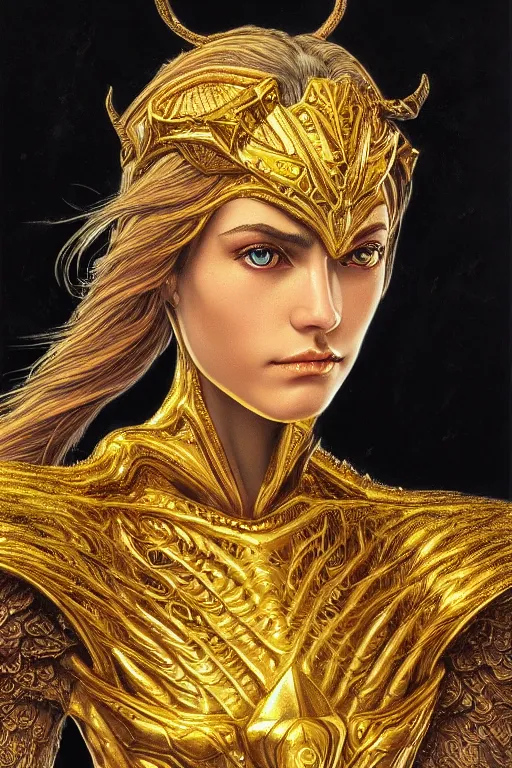 Image similar to high quality extremely detailed closeup portrait of a young gorgeous female warlock looking away from the camera wearing very reflective golden armor, detailed eyes, sparkle in eyes, no hands visible, fantasy, d & d, intricate, painting by lucian freud and mark brooks, hd