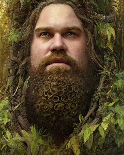 Prompt: patrick rothfuss as a forest druid with ram horns and leaves in his beard | highly detailed | very intricate | symmetrical | cinematic lighting | award - winning | closeup portrait | painted by donato giancola and mandy jurgens and brian froud | featured on artstation