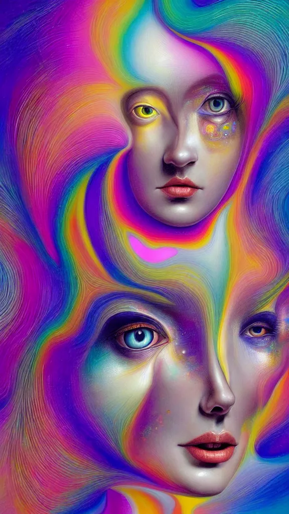 Prompt: hyperrealistic abstract close-up female! portrait Renaissance psychedelic!! celestial happy! pure creature!! perfect!! face! peaceful! kind spirit of nature! beautiful fractal!! eyes! highly detailed concept art eric zener elson peter cinematic hard rainbow lighting high angle hd 8k sharp shallow depth of field endless, inspired by Zdzisław Beksiński Salvador Dali