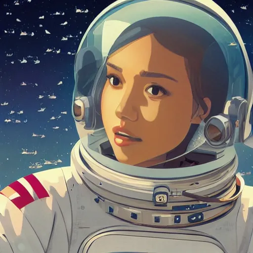 Prompt: model jessica alba light novel illustration as an astronaut by makoto shinkai by victo ngai by