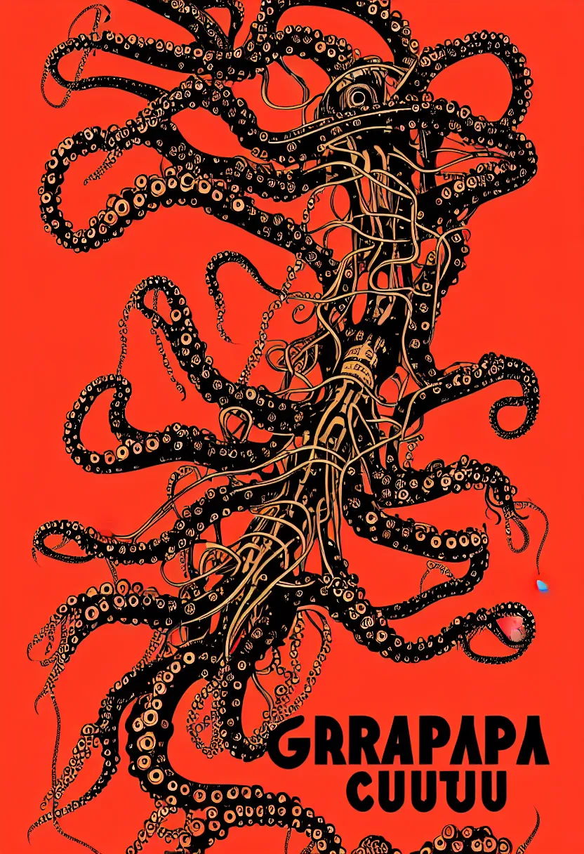 Image similar to vintage concert poster for Grandpa Finger, bleeding robot octopus, vector art, 8k, highly detailed illustration