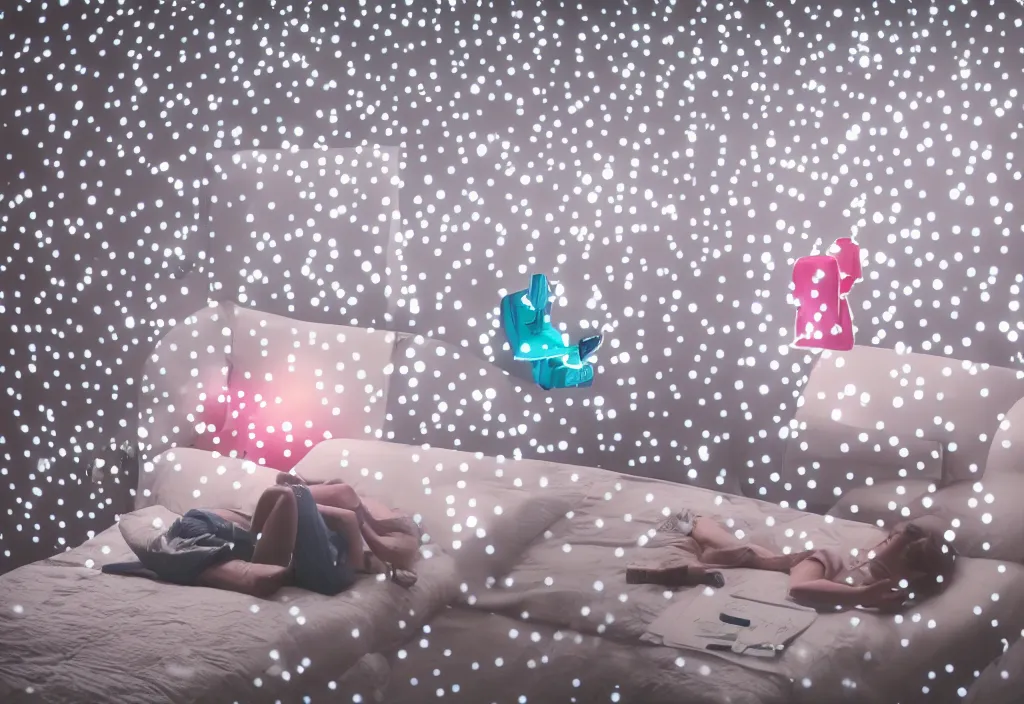 Image similar to 3 d floating people dream popping out of curved movie screen, volumetric lighting, bedroom, sleeping, pair of keycards on table, bokeh, creterion collection, shot on 7 0 mm, instax