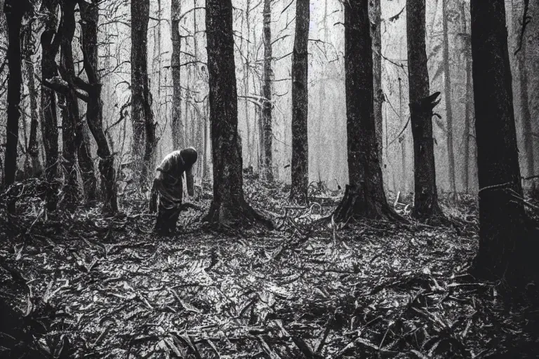 Image similar to terrible dark forest in the depths of which there is a thick butcher in a dirty shirt, chopping meat on a wooden stump, filmed hidden on a phone camera, Cinematic, wildlife photography, 35mm, photo on iphone