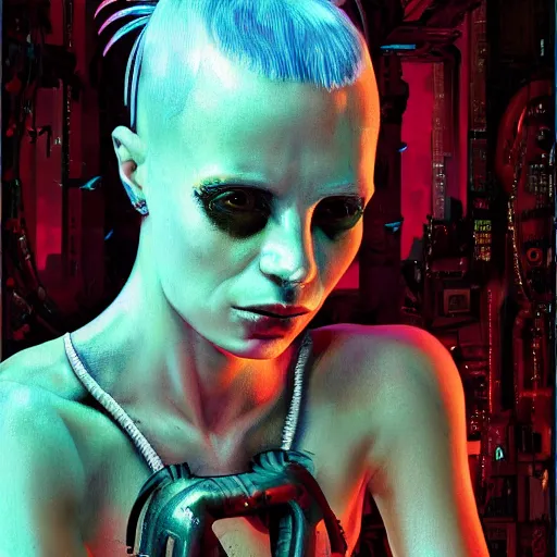 Prompt: cyberpunk portrait of Yolandi Visser against garden flower background, in the style of h.r giger, norman rockwell, highly detailed, soft lighting, 8k resolution, oil on canvas