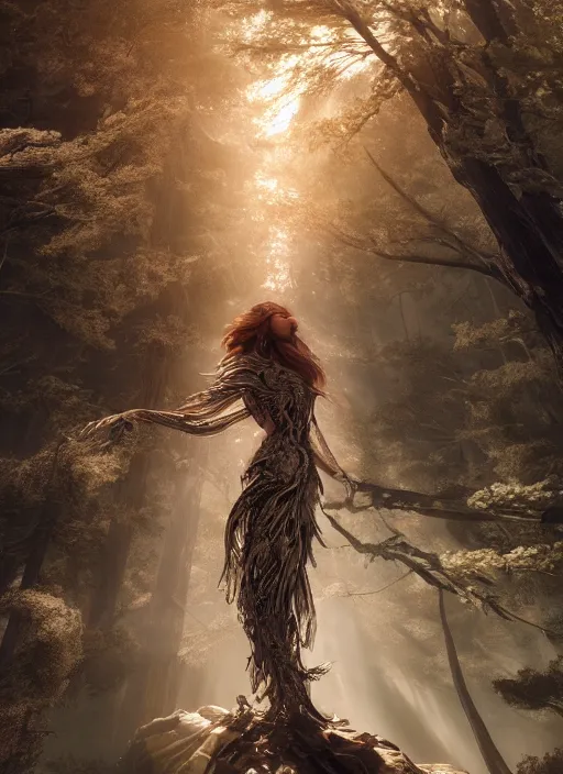 Image similar to beauteous nebular biomechanical incredible hair, crystalline masterpiece incrustations, hyperdetailed face, flippered feet, elegant pose, movie still, intricate, octane render, cinematic forest lighting, cgsociety, unreal engine, crepuscular rays, god rays, caustic shadows lighting