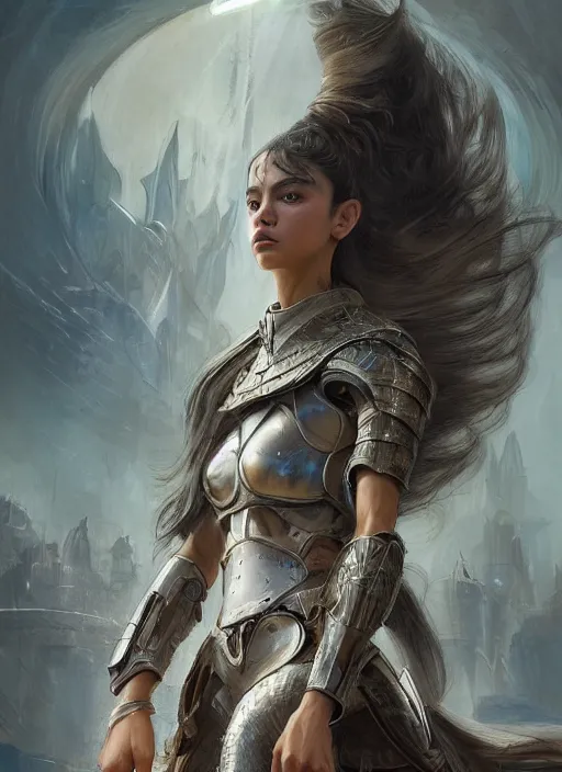 Image similar to a professional portrait of a beautiful young female, clothed in ethereal battle armor, olive skin, long dark hair, beautiful bone structure, symmetrical facial features, intricate, elegant, digital painting, concept art, smooth, sharp focus, finely detailed, illustration, from Valerian and the City of a Thousand Planets, in the style of Ruan Jia and Mandy Jurgens and Artgerm and Greg Rutkowski and William-Adolphe Bouguerea