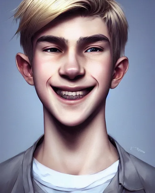 Image similar to portrait of 1 5 - year - old boy with blonde hair, round - face, smile with and slightly buck - toothed, hyper realistic face, beautiful eyes, character art, art by artgerm lau and wlop and and ilya kuvshinov and john singer sargent, hyperdetailed, symmetrical, cryengine, trending on artstation, digital art