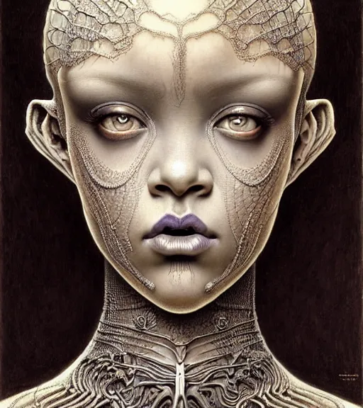 Prompt: detailed realistic beautiful young medieval alien robot rihanna face portrait by jean delville, gustave dore and marco mazzoni, art nouveau, symbolist, visionary, gothic, pre - raphaelite. horizontal symmetry by zdzisław beksinski, iris van herpen, raymond swanland and alphonse mucha. highly detailed, hyper - real, beautiful, fractal baroque