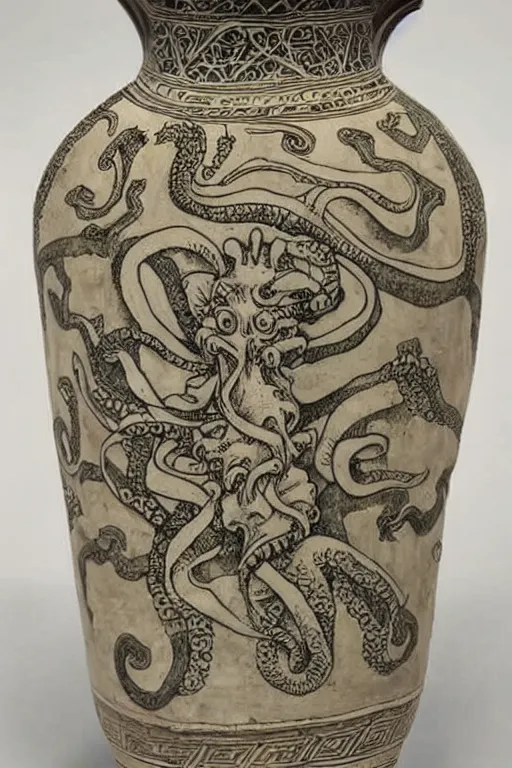 Image similar to A greek amphora with Cthulhu drawings on it, outstanding, high quality, highly detailed, award-winning