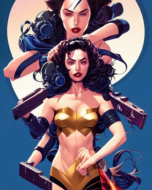 Image similar to artgerm, joshua middleton and sandra chevrier comic cover art, full body betty page as pretty female space pirate, symmetrical eyes, long curly hair, beautiful, rim lighting, vivid colors