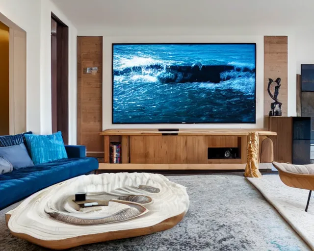 Image similar to A modern living room inspired by the ocean, a luxurious wooden coffee table with large seashells on it, 100 inch television playing drake and josh, amazing detail, 8k resolution, blue color, calm, relaxed style, harmony, wide angle shot