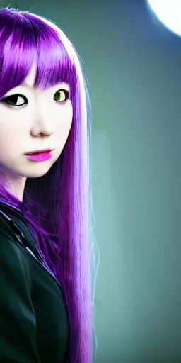 Prompt: a professional portrait of Kyoko Kirigiri, a young adult Japanese woman with long pale lavender hair with bangs, purple eyes, a mysterious expression, black gloves, symmetrical features, realistic 8k professional photography, midday lighting, mystery and detective themed, octane, volumetric lighting, 70mm