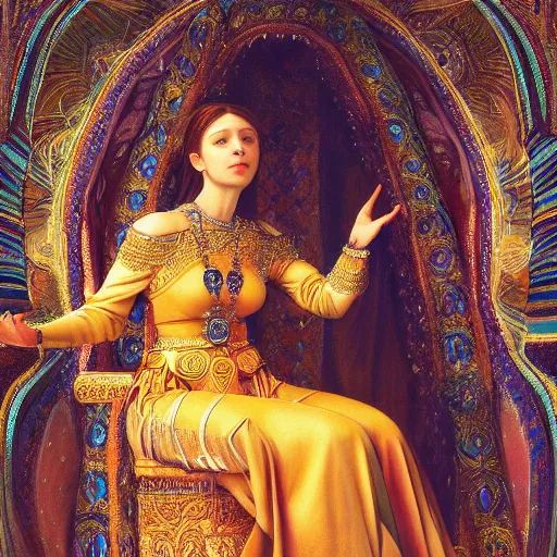 Image similar to Realistic painting of beautiful priestess woman in detailed costume, sitting on a throne in a throne roome in a palace dramatic lighting, high-detailed oil painting by Ilya Repin, William Blake, Michelangelo da Caravaggio, Alex Grey and Beksinski, masterpiece, 4k