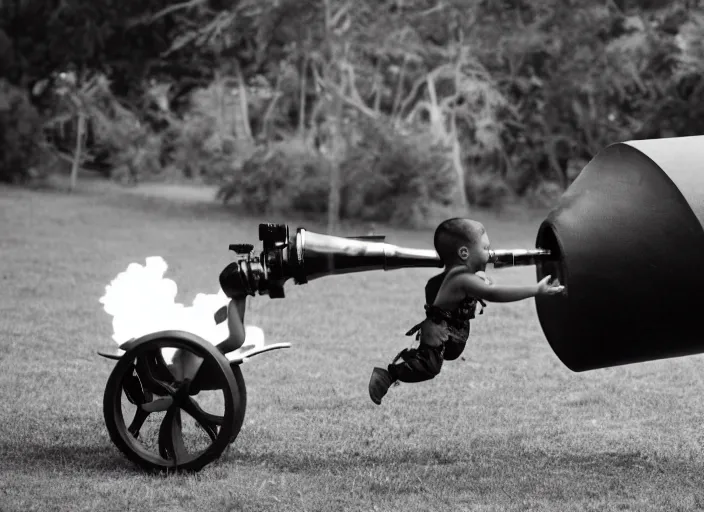 Prompt: photography of Kim Kardashian shooting a baby out of a cannon