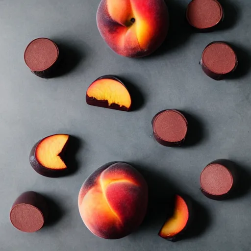 Prompt: beautiful pastry photography cherry black chocolate peach brutalism in a plate, 80mm lens