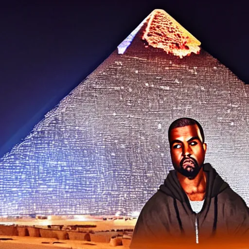 Image similar to a hologram of Kanye West projected on top of the Great Pyramids of Giza at night.