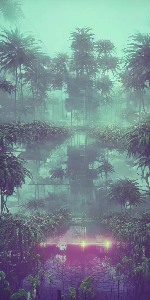 Image similar to humongous technologic flower house on a dusky planet, spooky, retrowave, art by warner bros, smooth, cinematic, wet reflections, ray tracing x, rtx, smooth