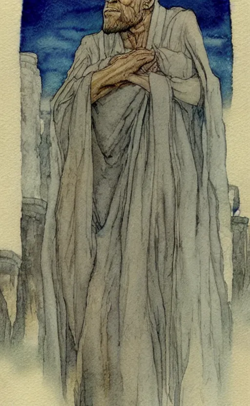 Prompt: a realistic and atmospheric watercolor fantasy concept art of giant monk with an elongated head in grey robes sitting in stonehenge. in the background a ufo is in the sky. by rebecca guay, michael kaluta, charles vess