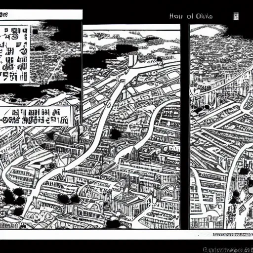 Image similar to a manga page showing a city from above,