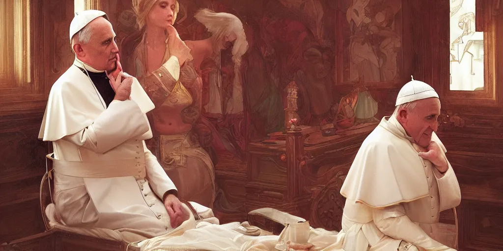 Image similar to photography of a pope making touching a sensual woman in a bedroom, deep focus, intricate, elegant, highly detailed, digital painting, artstation, concept art, matte, sharp focus, illustration, art by artgerm and greg rutkowski and alphonse mucha