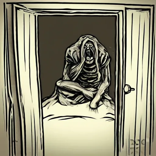 Prompt: The Boogeyman hiding in a closet while someone is sleeping, horror, Hyperrealistic, monochrome