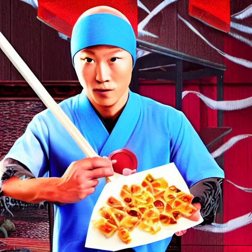 Image similar to ninja warrior holding chopstick and a wonton pan, realistic, hdr, clear image, hdd, rtx on, dynamic lighting, epic painting,