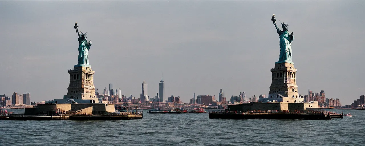 Prompt: a boat carrying spaghetti in new york, the statute of liberty in the background, canon 8 0 mm, photography, film, kodachrome