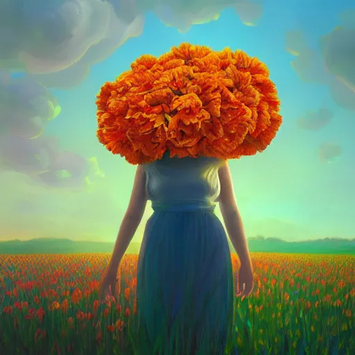 Prompt: giant carnation flower head and face, girl in a flower field, surreal photography, sunrise dramatic light, impressionist painting, colorful clouds, digital painting, artstation, simon stalenhag, flower face