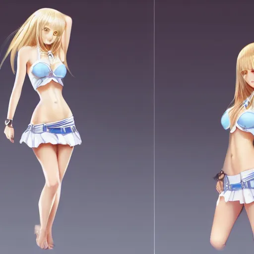 Image similar to full body shot : a very beautiful young blond rapper anime girl, sky blue eyes, bikini, white miniskirt, highly detailed, cinematic wallpaper by stanley artgerm lau