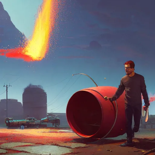 Prompt: huge pack of dynamite on a red rusty oil - drum in gta v, stephen bliss, unreal engine, fantasy art by greg rutkowski, loish, rhads, ferdinand knab, makoto shinkai and lois van baarle, ilya kuvshinov, rossdraws, tom bagshaw, global illumination, detailed and intricate environment