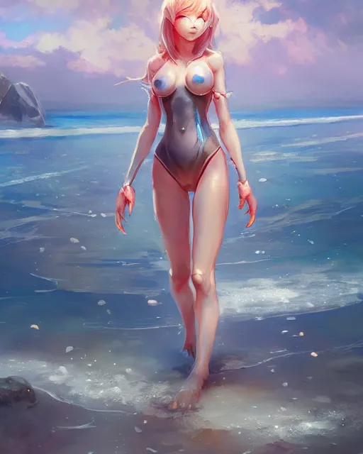 Prompt: concept art of a crab girl hybrid, wearing tight medival clothes, walking through a shallow beach | | cute - fine - fine details by stanley artgerm lau, wlop, rossdraws, and sakimichan, trending on artstation, brush strokes