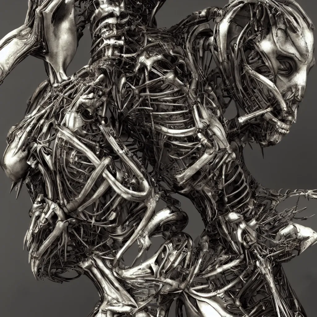 Image similar to a beautiful female is infected with a biomechanical suit, octane render, hyper realistic, art by hr giger, full profile, epic angle